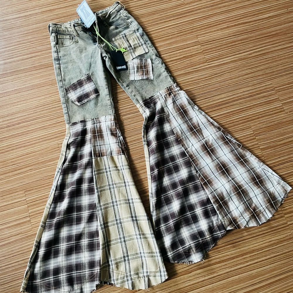DK DW Plaid Patchwork Flare Jeans